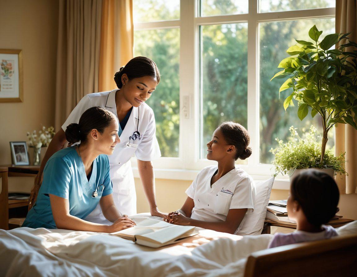 A serene scene depicting a family supporting a cancer patient in a bright, sunlit hospital room, with a nurse providing guidance, books on recovery strategies scattered around, and a window showing a beautiful garden outside. The patient's expression is hopeful, surrounded by love and care. soft focus, warm tones, and gentle lighting to evoke a sense of hope and support. super-realistic. vibrant colors.