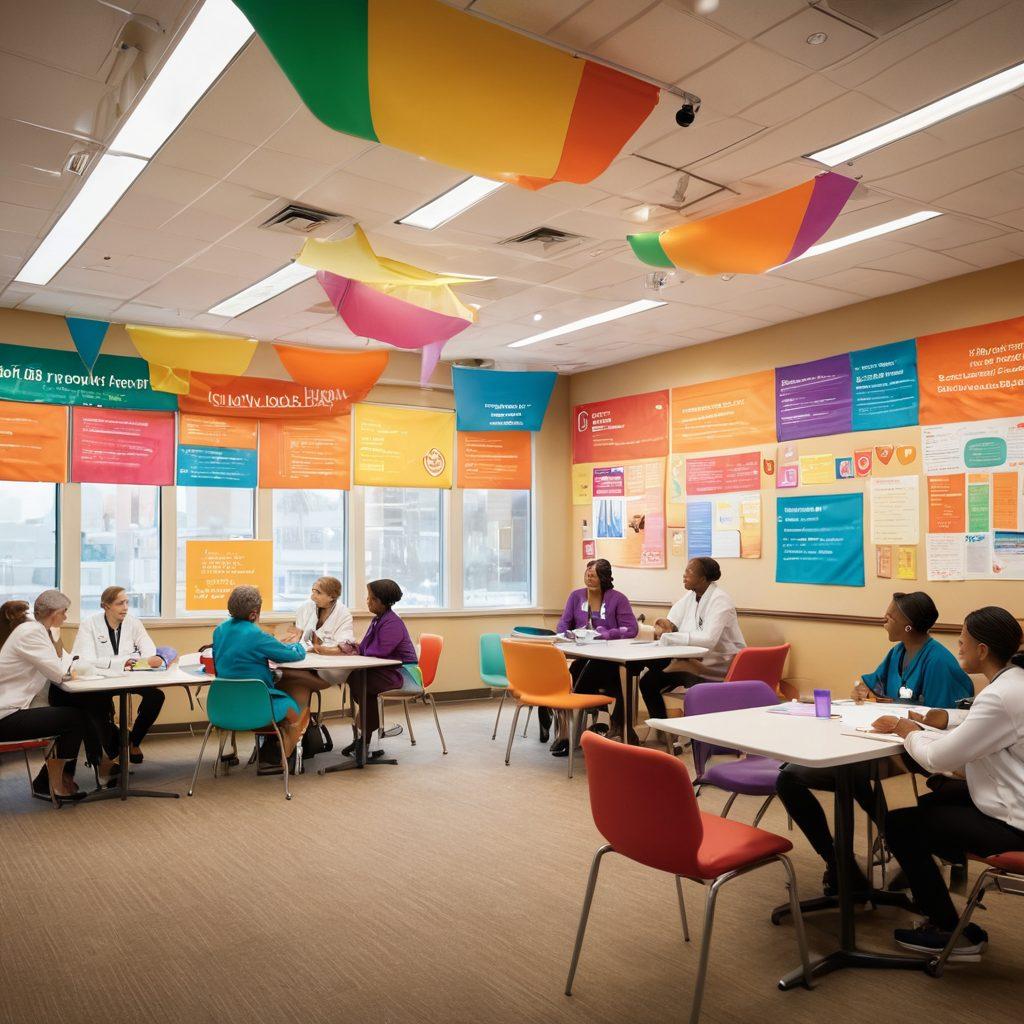 A diverse group of patients and healthcare professionals engaged in an interactive workshop, sharing resources and empowering each other, surrounded by colorful educational materials and supportive banners. The room is bright and inviting, symbolizing hope and collaboration. Soft, warm lighting enhances the atmosphere of community and encouragement. super-realistic. vibrant colors. warm tones.