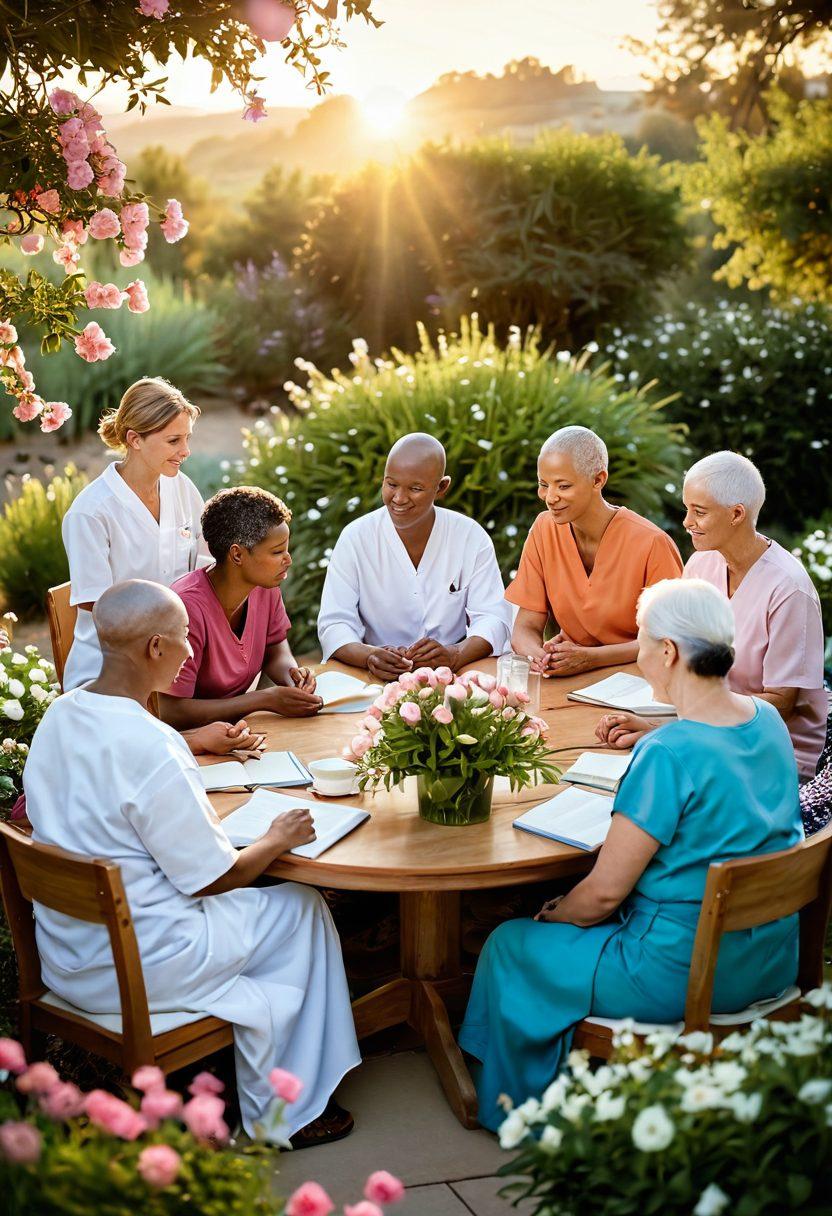 A serene setting depicting a diverse group of cancer patients receiving support, surrounded by blooming flowers symbolizing hope. Soft, warm lights illuminate a support group session where individuals share experiences, with a backdrop of a sunrise representing new beginnings. Integrate elements like medical books and comforting gestures to enhance the theme of empowerment. super-realistic. vibrant colors. soft focus.